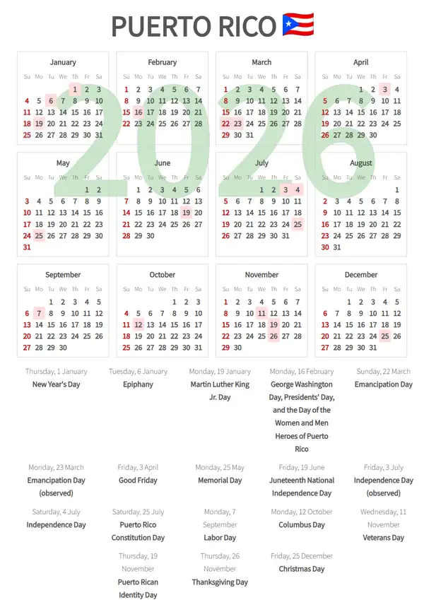 Work Calendar 2026, Puerto rico - Public Holidays