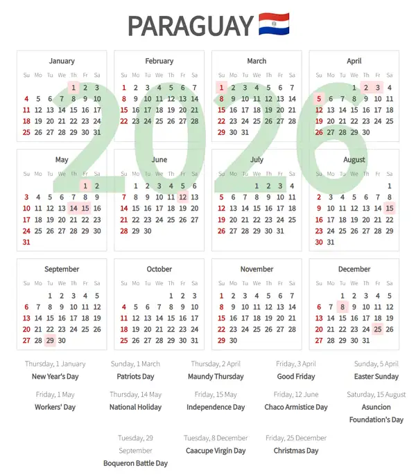 Work Calendar 2026, Paraguay - Public Holidays