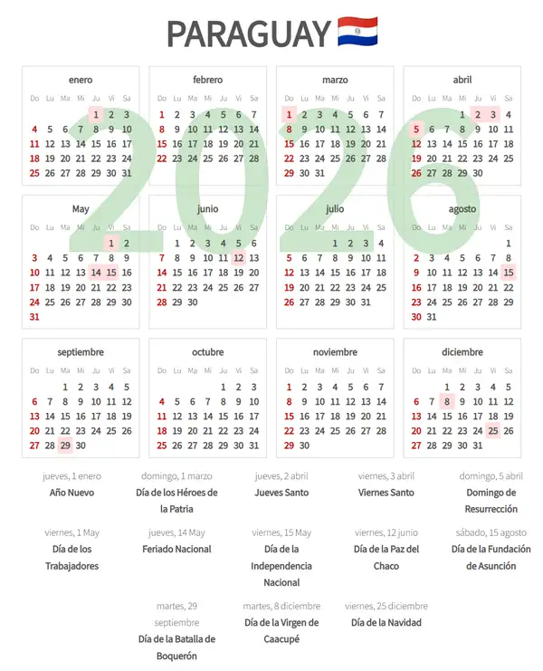 Calendario Laboral 2026 de Paraguay