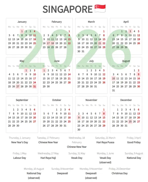 Work Calendar 2026, Singapore - Public Holidays