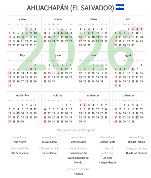 Calendario Laboral 2026, Ahuachapán (El salvador)