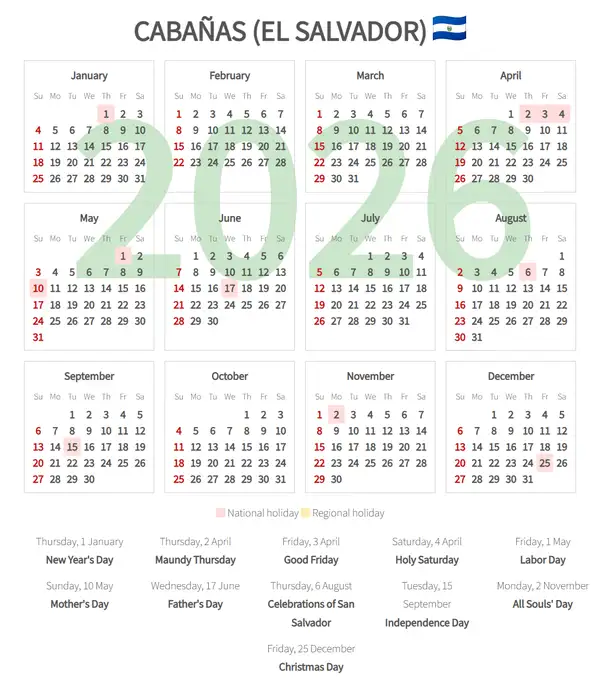 Work Calendar 2026, Cabañas (El salvador)