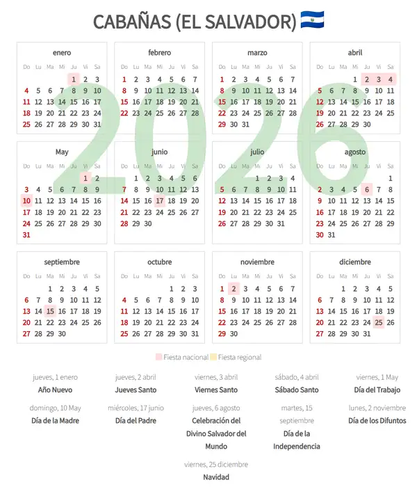 Calendario Laboral 2026, Cabañas (El salvador)