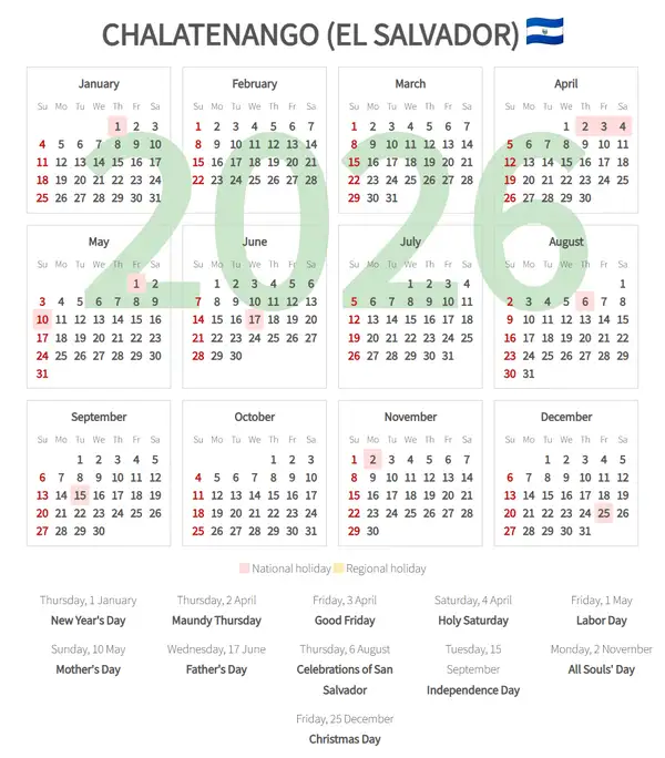 Work Calendar 2026, Chalatenango (El salvador)