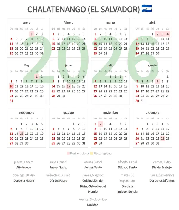 Calendario Laboral 2026, Chalatenango (El salvador)