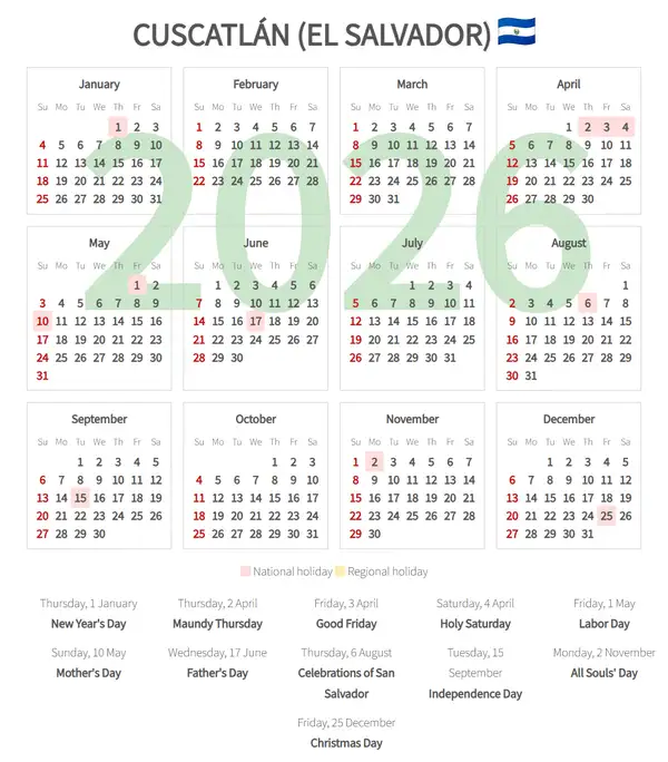 Work Calendar 2026, Cuscatlán (El salvador)