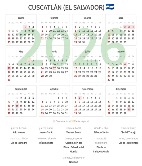Calendario Laboral 2026, Cuscatlán (El salvador)