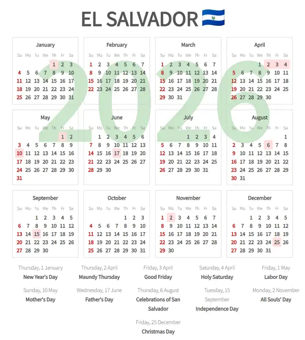 Work Calendar 2026, El salvador - Public Holidays