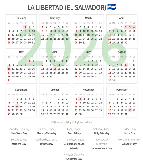 Work Calendar 2026, La libertad (El salvador)