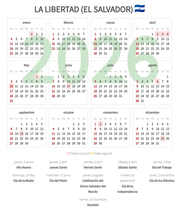 Calendario Laboral 2026, La libertad (El salvador)