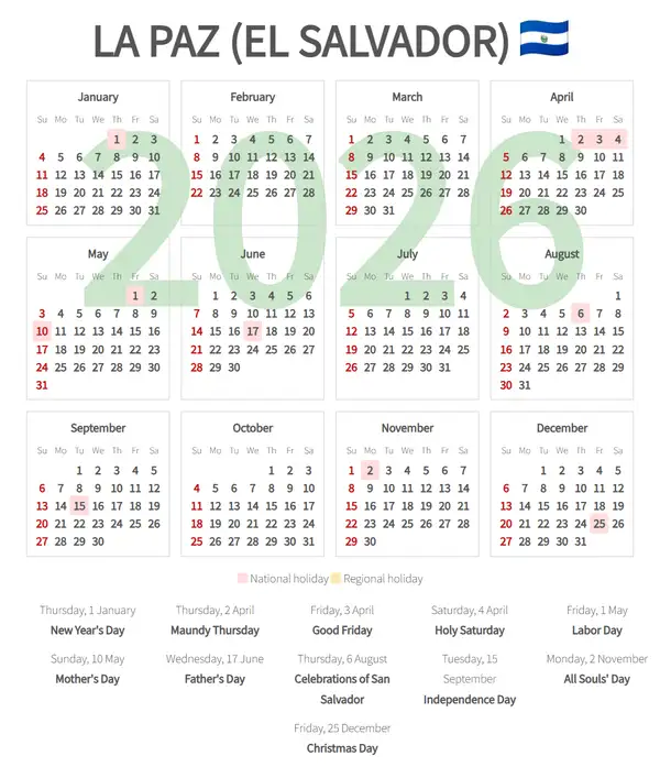 Work Calendar 2026, La paz (El salvador)