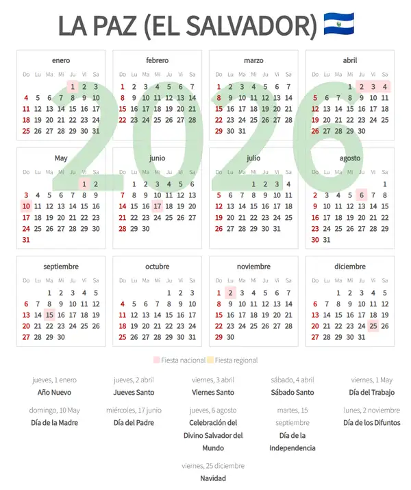 Calendario Laboral 2026, La paz (El salvador)