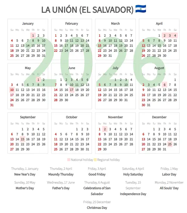 Work Calendar 2026, La unión (El salvador)