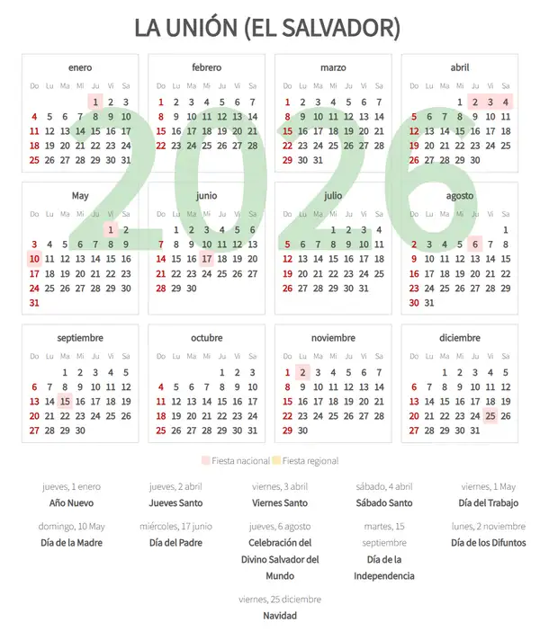 Calendario Laboral 2026, La unión (El salvador)