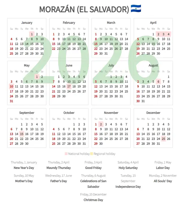Work Calendar 2026, Morazán (El salvador)