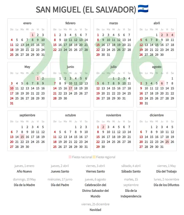 Calendario Laboral 2026, San miguel (El salvador)
