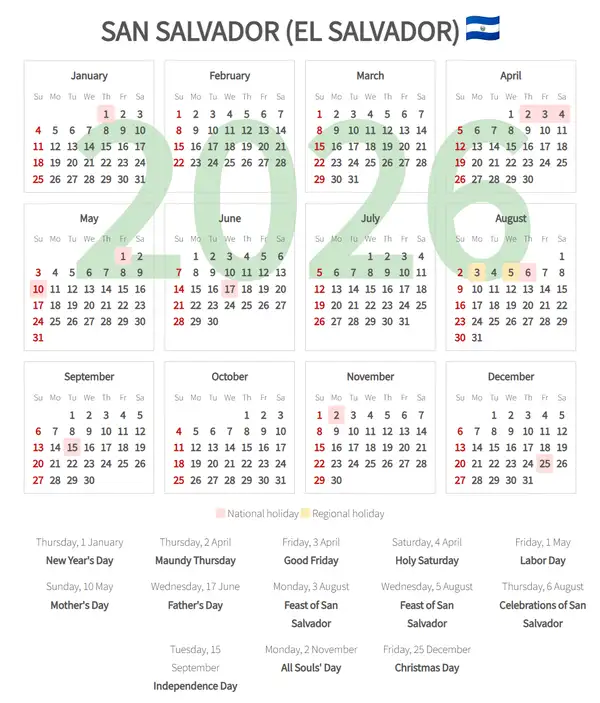 Work Calendar 2026, San salvador (El salvador)