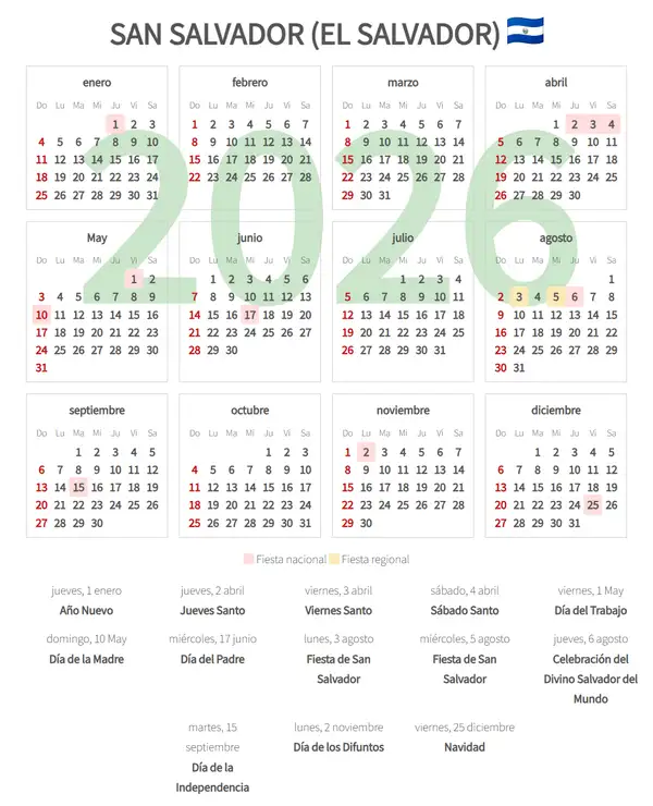 Calendario Laboral 2026, San salvador (El salvador)