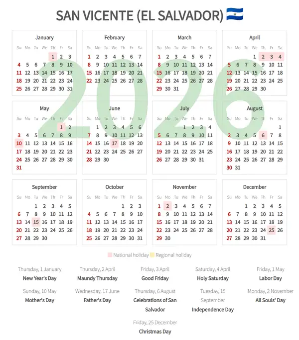 Work Calendar 2026, San vicente (El salvador)