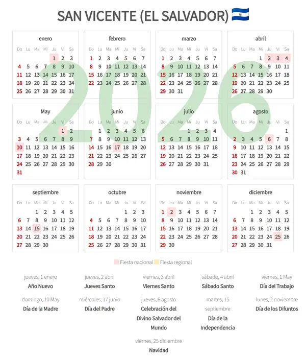 Calendario Laboral 2026, San vicente (El salvador)