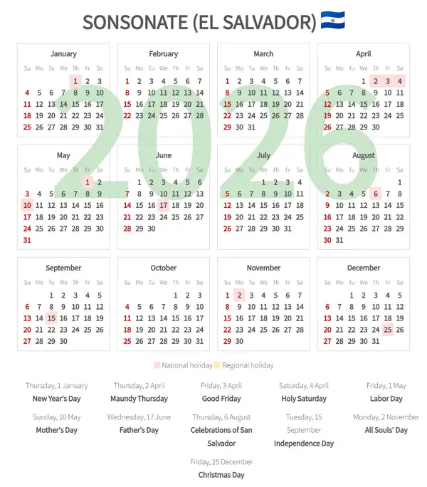 Work Calendar 2026, Sonsonate (El salvador)