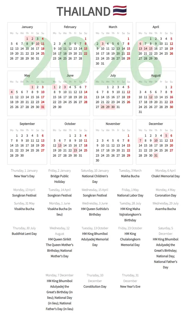 Work Calendar 2026, Thailand - Public Holidays