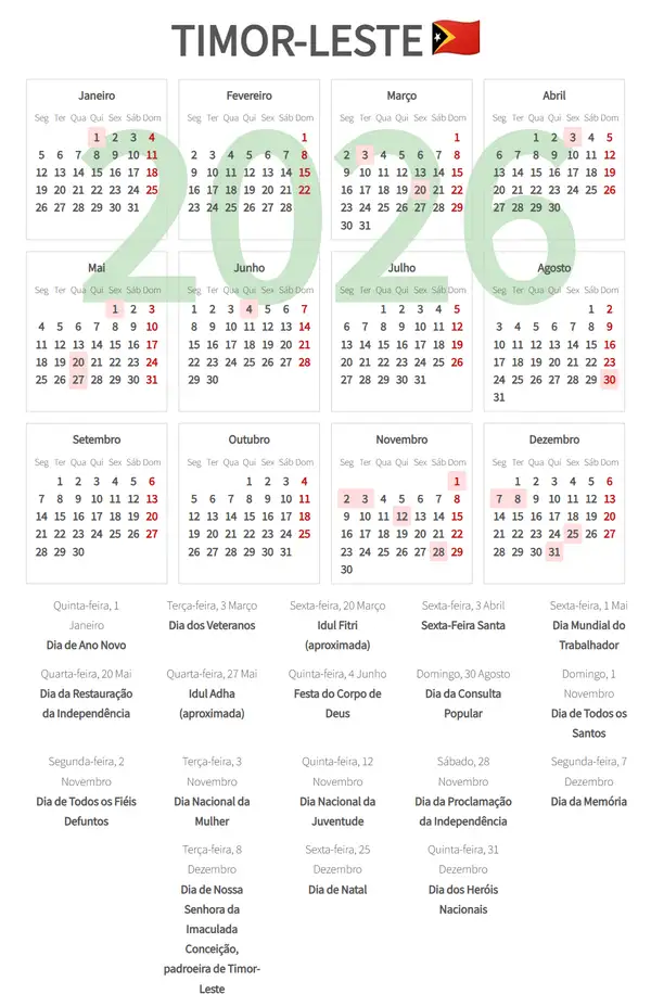 Calendário Laboral 2026 de Timor-leste