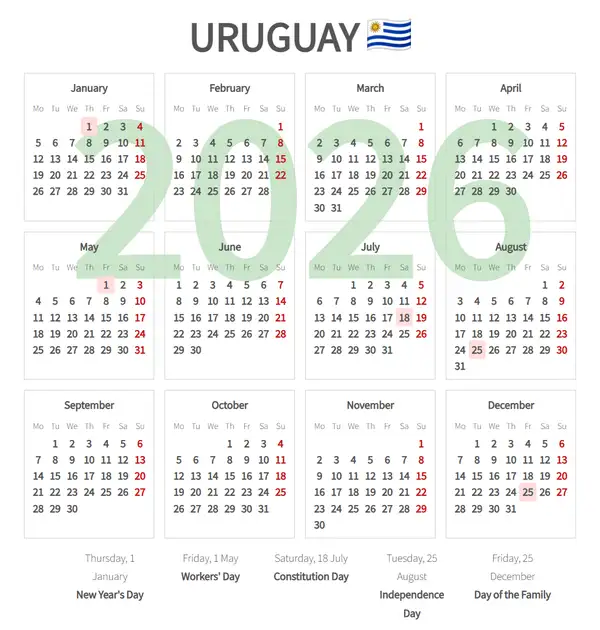 Work Calendar 2026, Uruguay - Public Holidays