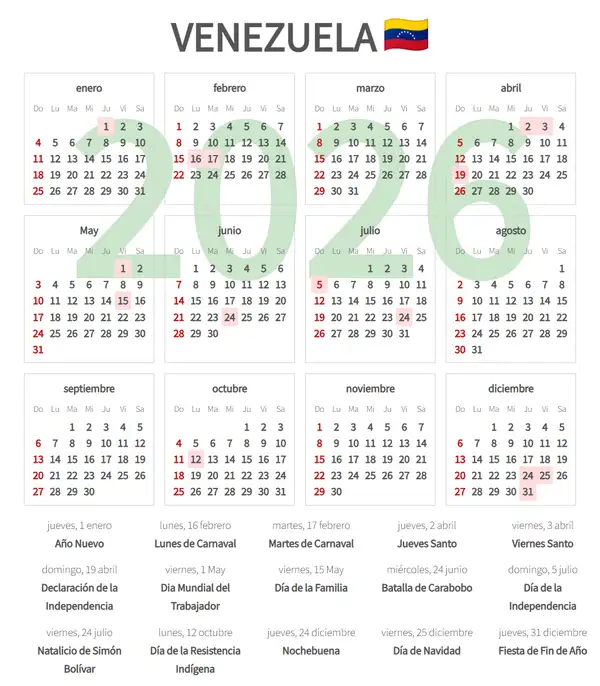 Calendario Laboral 2026 de Venezuela