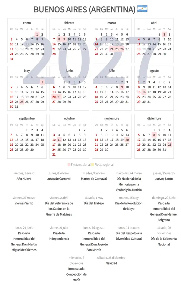 Calendario Laboral 2027, Buenos aires (Argentina)