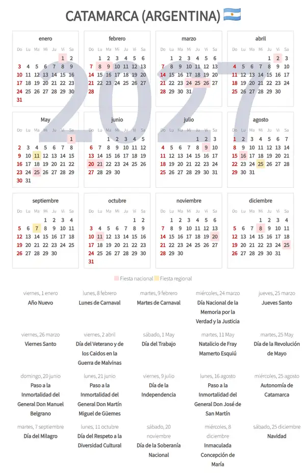 Calendario Laboral 2027, Catamarca (Argentina)