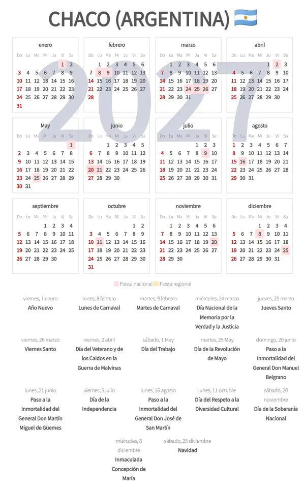 Calendario Laboral 2027, Chaco (Argentina)