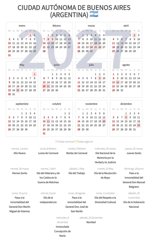 Calendario Laboral 2027, Ciudad autónoma de buenos aires (Argentina)