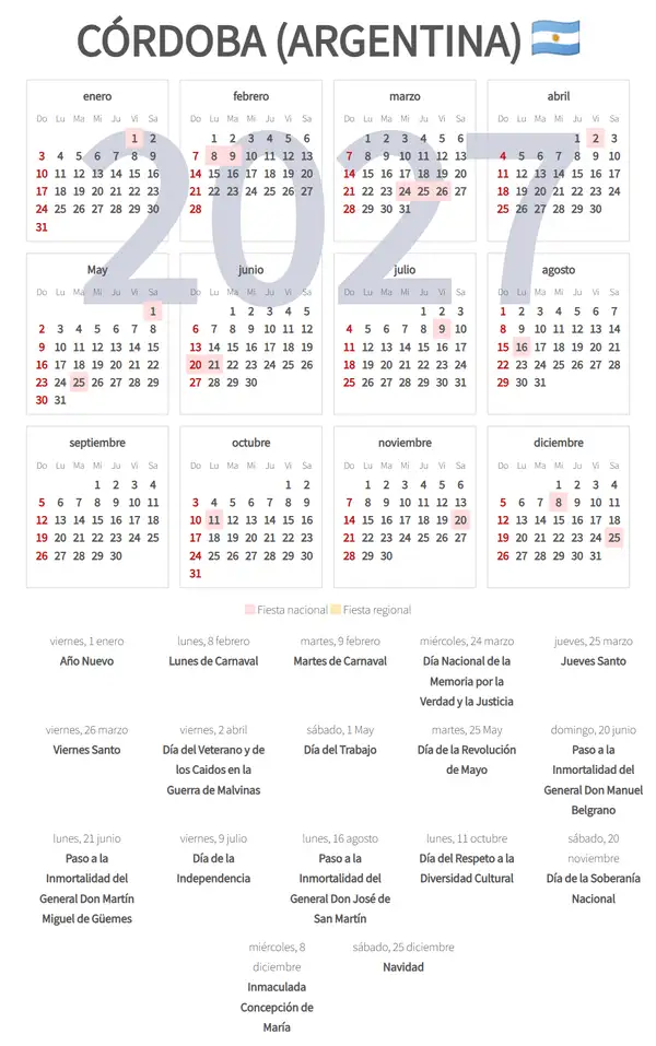 Calendario Laboral 2027, Córdoba (Argentina)