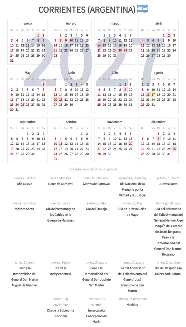Calendario Laboral 2027, Corrientes (Argentina)