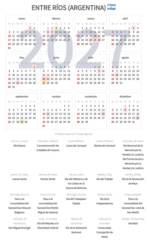 Calendario Laboral 2027, Entre ríos (Argentina)