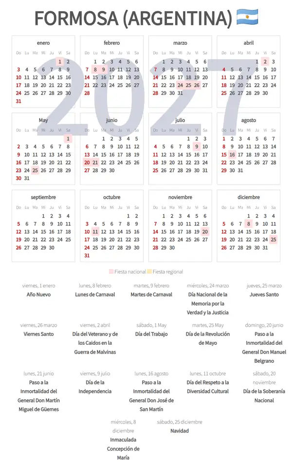 Calendario Laboral 2027, Formosa (Argentina)