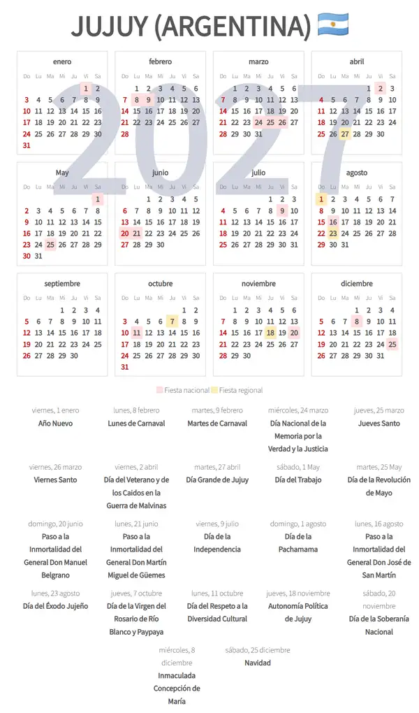 Calendario Laboral 2027, Jujuy (Argentina)