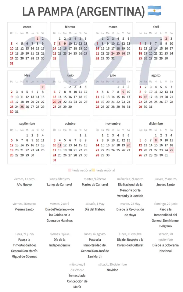 Calendario Laboral 2027, La pampa (Argentina)