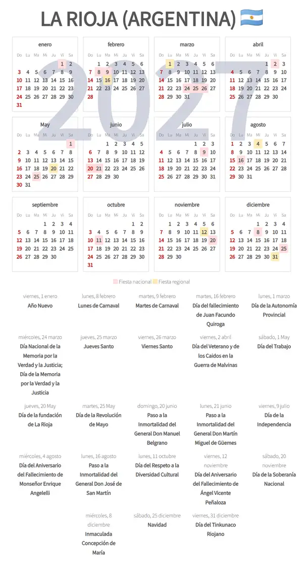 Calendario Laboral 2027, La rioja (Argentina)