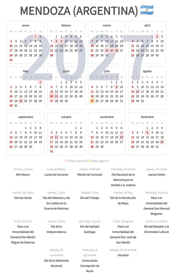 Calendario Laboral 2027, Mendoza (Argentina)