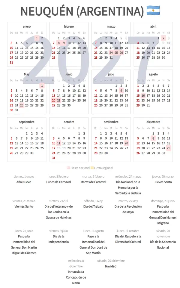 Calendario Laboral 2027, Neuquén (Argentina)