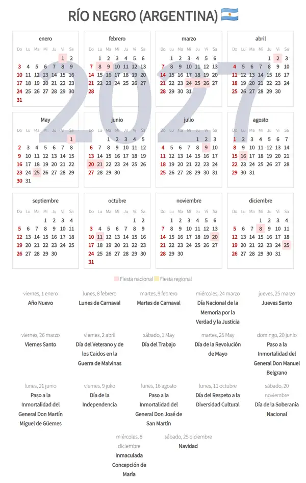Calendario Laboral 2027, Río negro (Argentina)