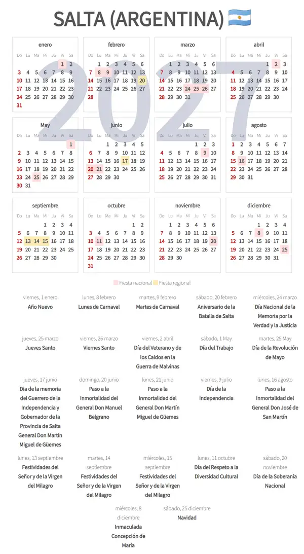 Calendario Laboral 2027, Salta (Argentina)