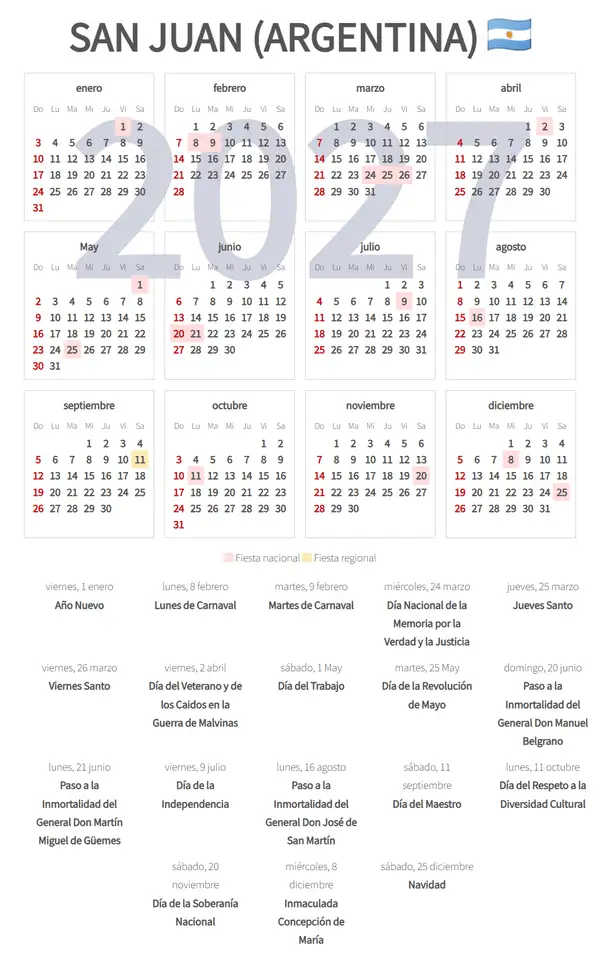 Calendario Laboral 2027, San juan (Argentina)