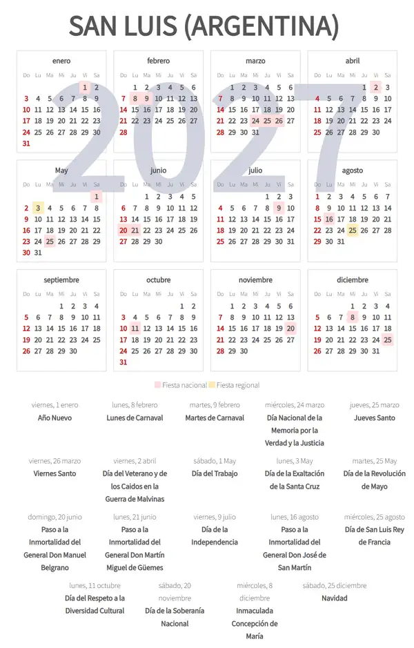 Calendario Laboral 2027, San luis (Argentina)