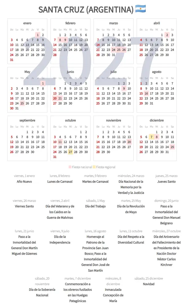 Calendario Laboral 2027, Santa cruz (Argentina)