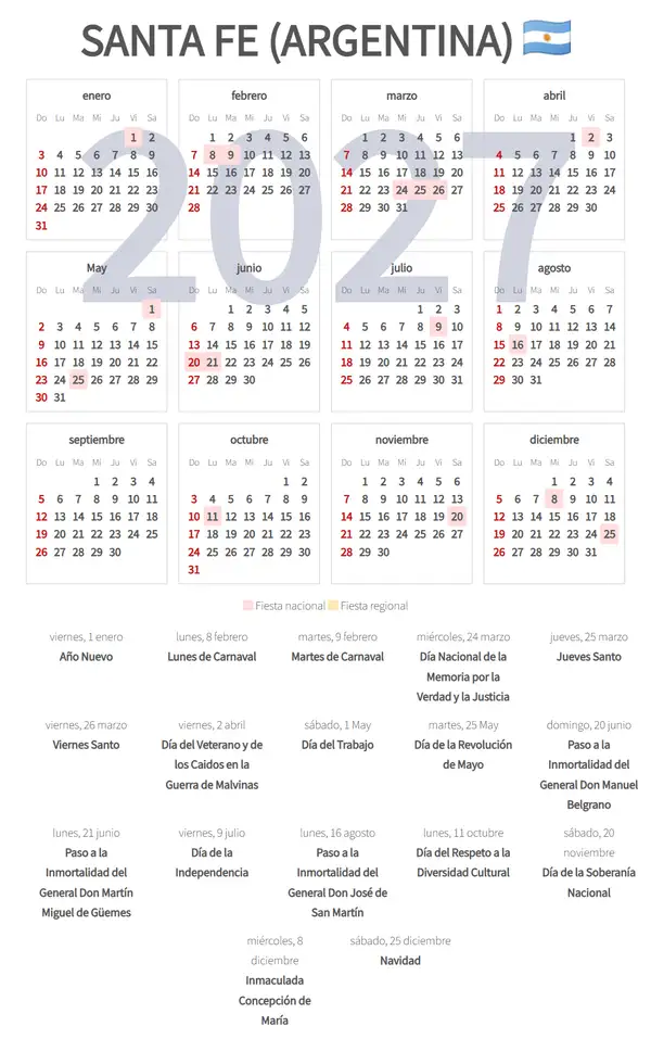 Calendario Laboral 2027, Santa fe (Argentina)