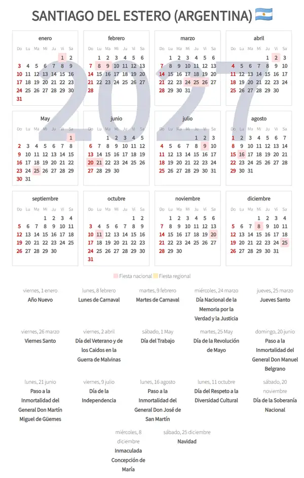Calendario Laboral 2027, Santiago del estero (Argentina)