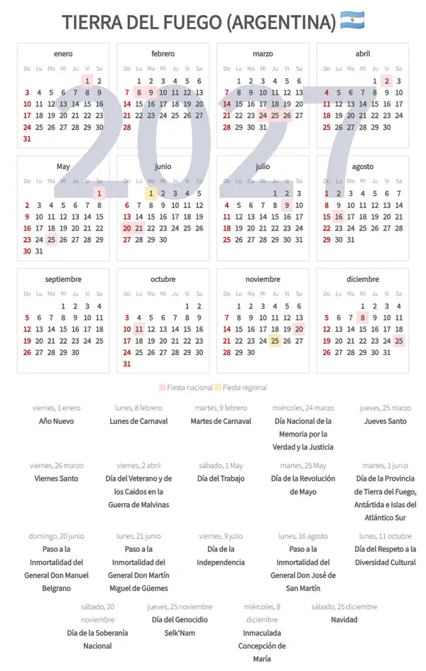 Calendario Laboral 2027, Tierra del fuego (Argentina)